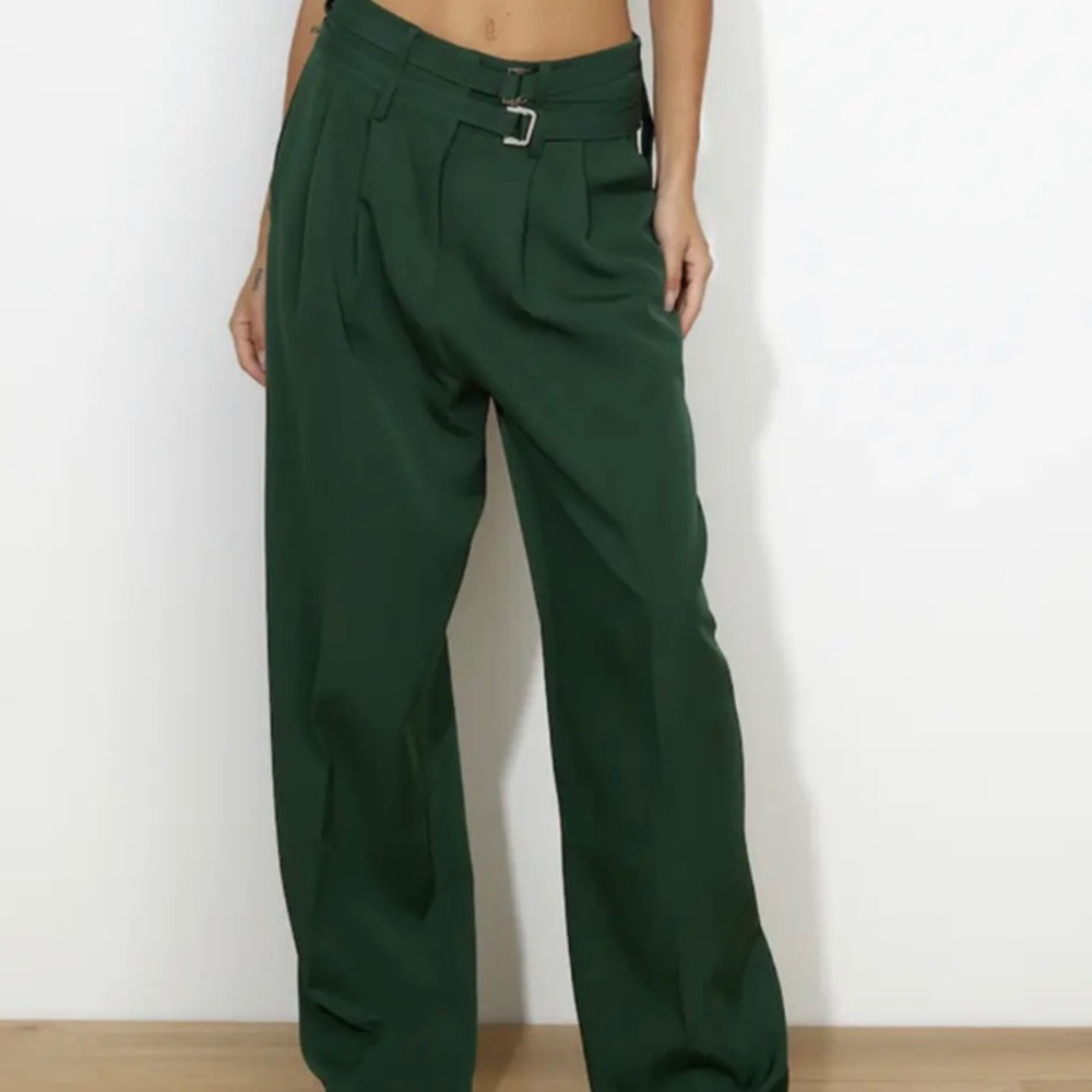 Lioness Gigi Baggy Pant Moss Paperbag Wide Leg Green Trousers Size Small